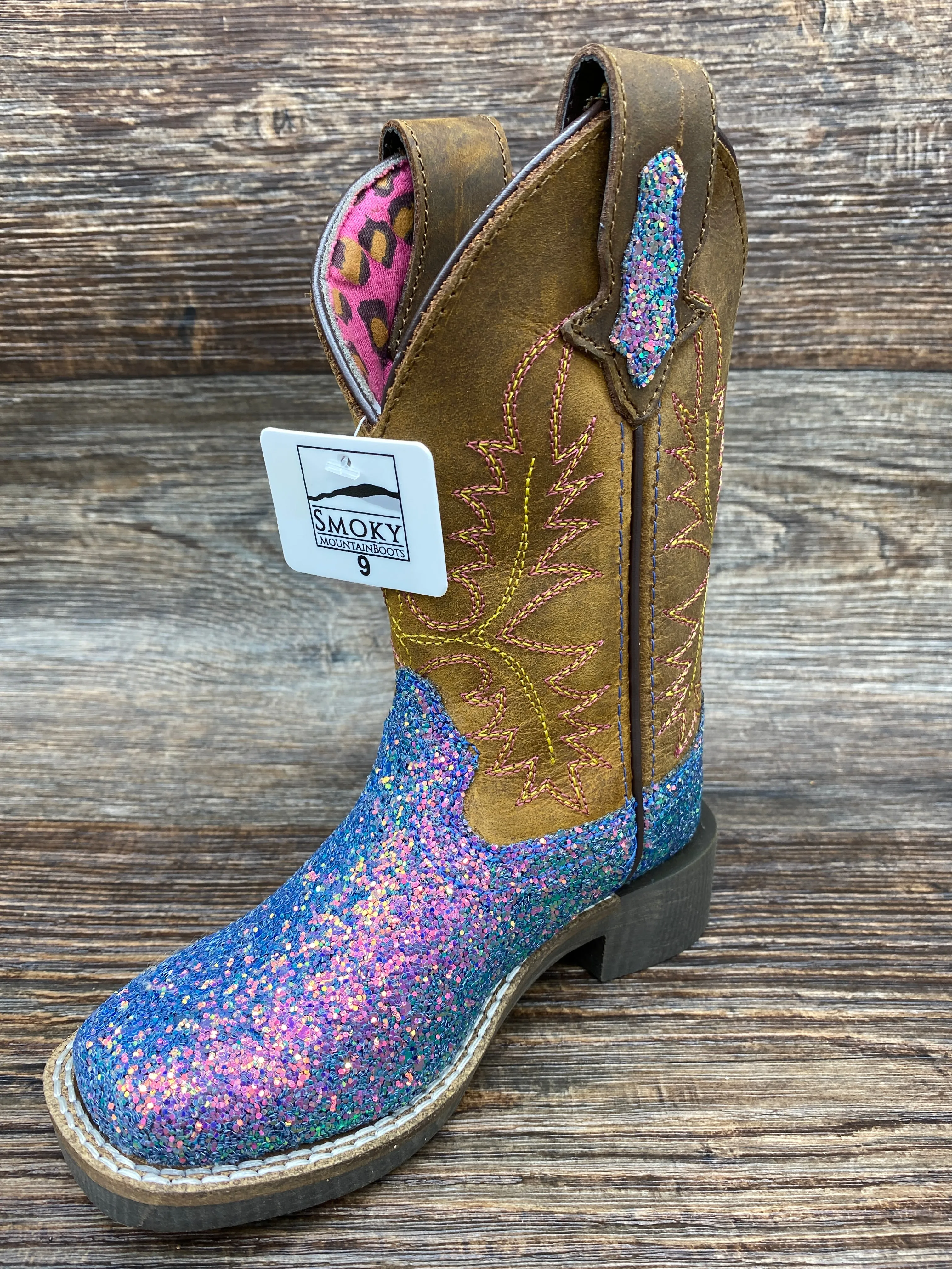 3077y Kid's Pastel Glitter Square Toe Western Boots by Smoky Mountain - 3077Y Youth Sizes 3.5-7