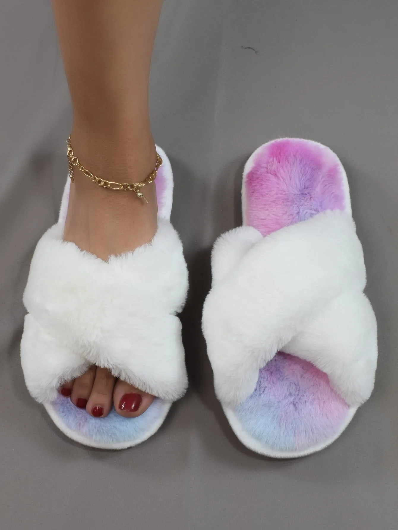 Faux Fur Two Tone Criss Cross Fluffy Sleepers