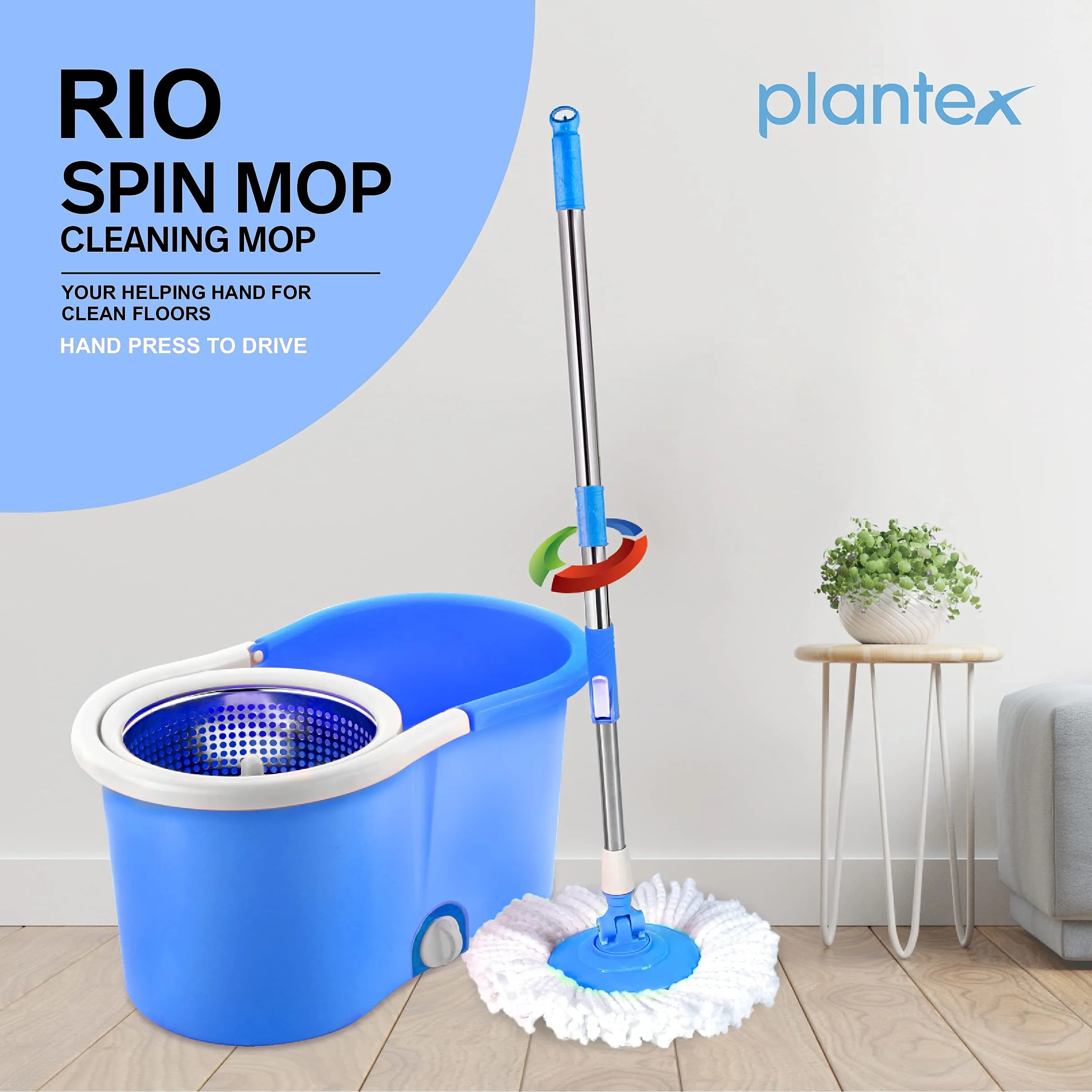 Plantex Rio ABS Plastic Mop with Stainless Steel Wringer Basket and 2 Microfiber Refills – Floor Mopping System (Multicolor)