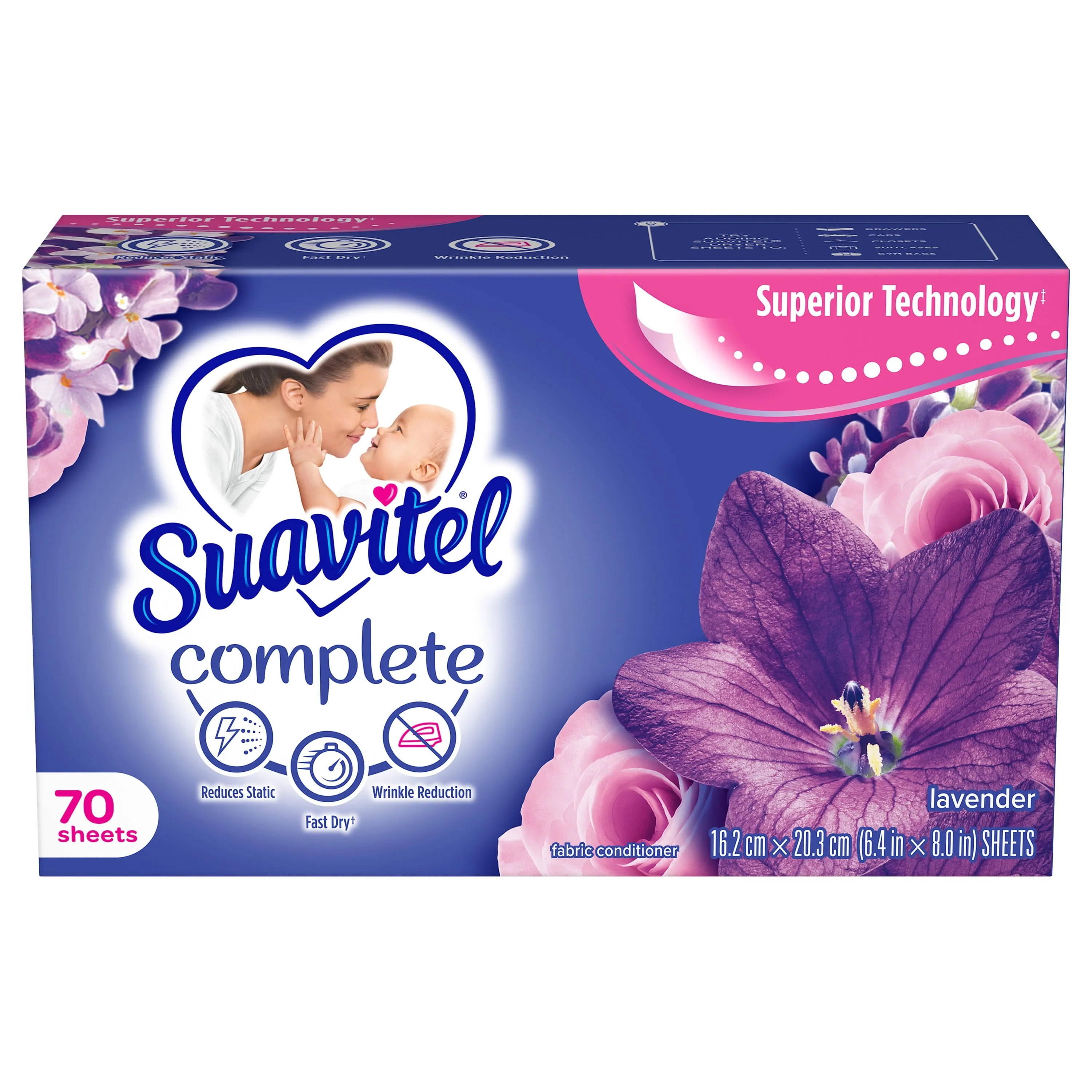 Suavitel Complete Fabric Softener Dryer Sheets, Lavender, 70ct