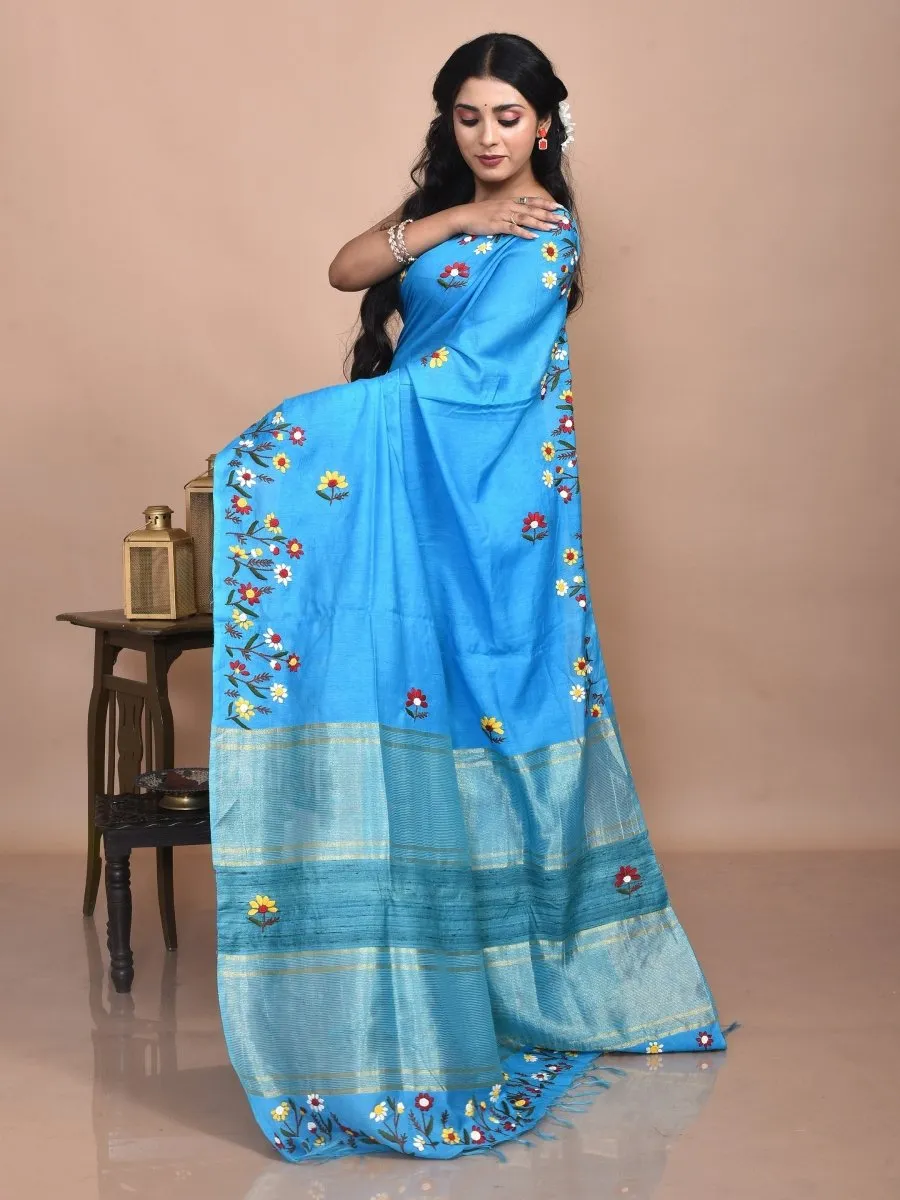 Turqoise Linen Saree with Floral Design Hand Embroidery