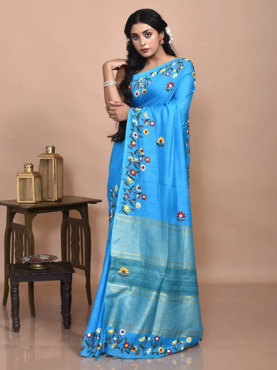 Turqoise Linen Saree with Floral Design Hand Embroidery