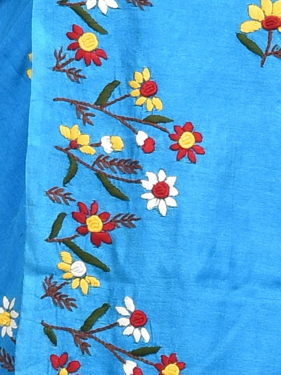 Turqoise Linen Saree with Floral Design Hand Embroidery