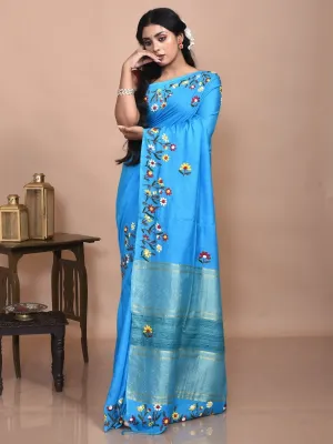 Turqoise Linen Saree with Floral Design Hand Embroidery