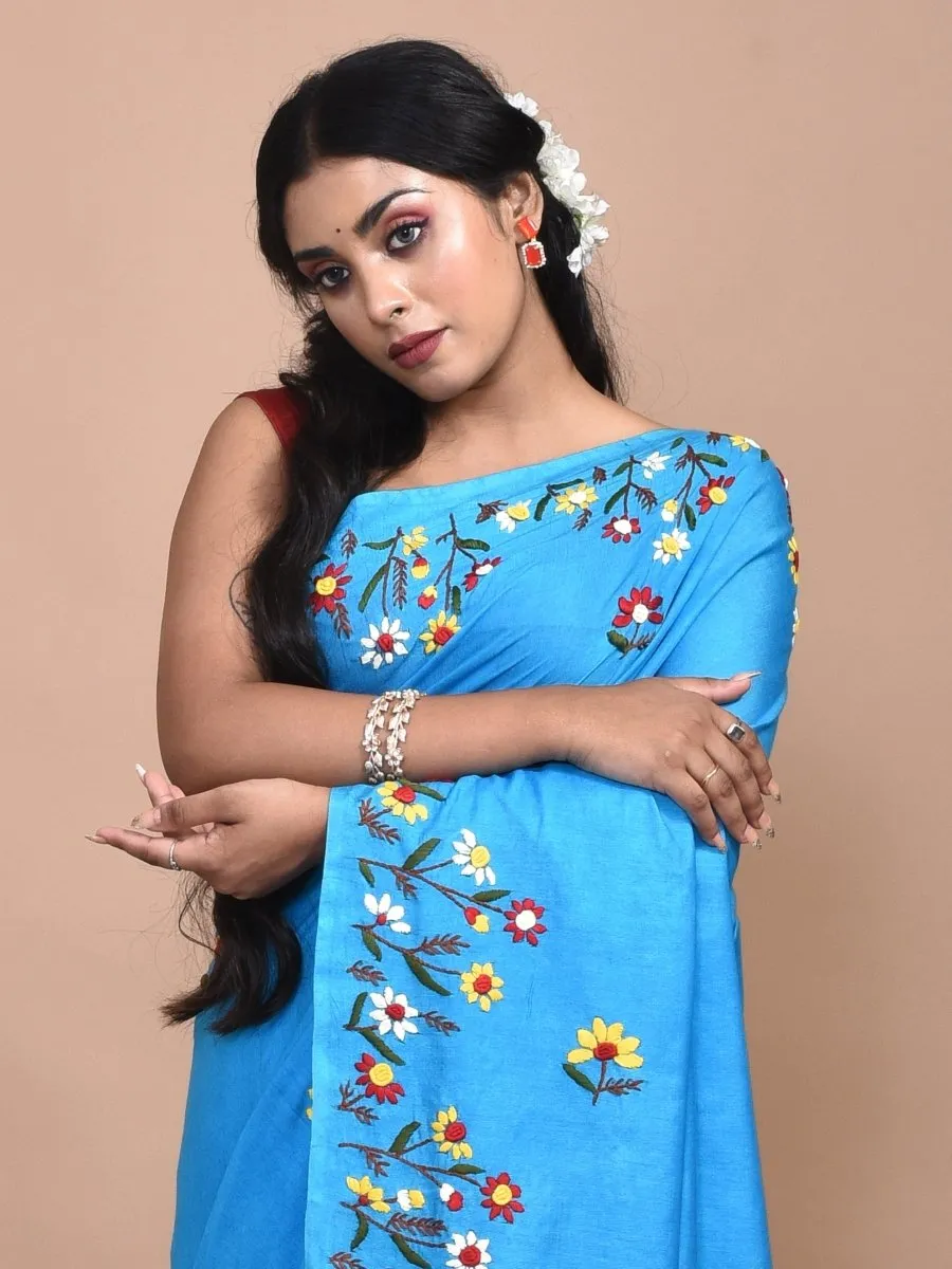 Turqoise Linen Saree with Floral Design Hand Embroidery